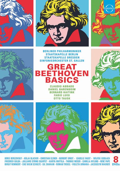 Pop-Art-Illustration von Beethoven in sechs Farbvariationen, Titel "Great Beethoven Basics", Dirigenten und Orchester aufgelistet.