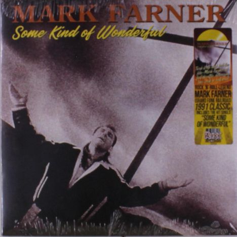 "MARK FARNER" darüber "Some Kind of Wonderful". Schwarz-weiß Bild: Person mit ausgebreiteten Armen, wolkiger Himmel.