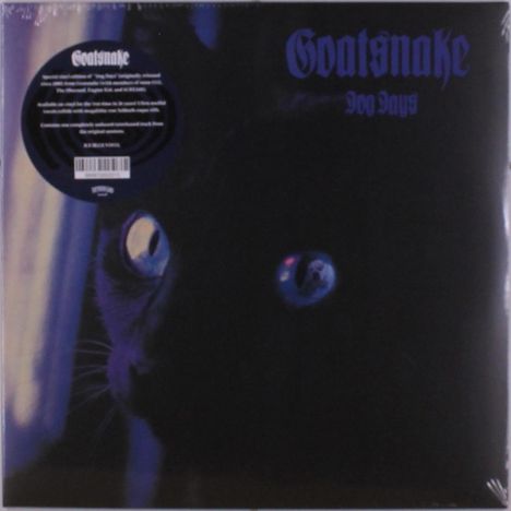 "Goatsnake", "Dog Days"; dunkles Cover mit einer schwarzen Katze, deren Augen im Licht leuchten.