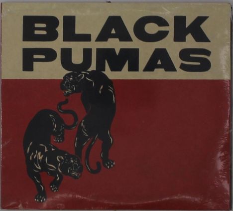 Oben steht "BLACK PUMAS". Darunter sind zwei schwarze Pumas auf einem rot-beige Hintergrund dargestellt.