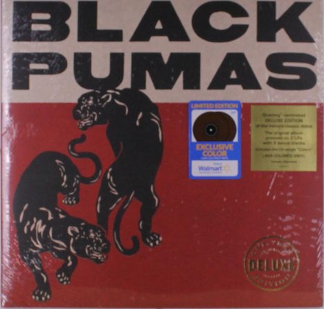 "BLACK PUMAS" in großer Schrift, darunter zwei schwarze Pumas auf rotem Hintergrund, Sticker: "LIMITED EDITION EXCLUSIVE COLOR".