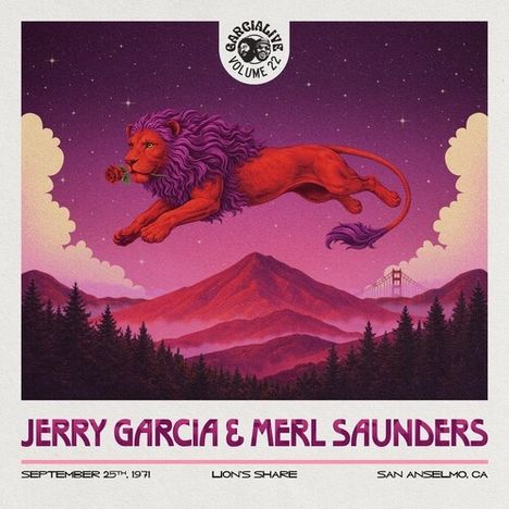 Text: "GarciaLive Volume 21", "Jerry Garcia & Merl Saunders", "September 25th, 1971", "Lion's Share", "San Anselmo, CA". Ein roter Löwe mit rosa Mähne springt vor einem farbenfrohen Himmel und Bergen.