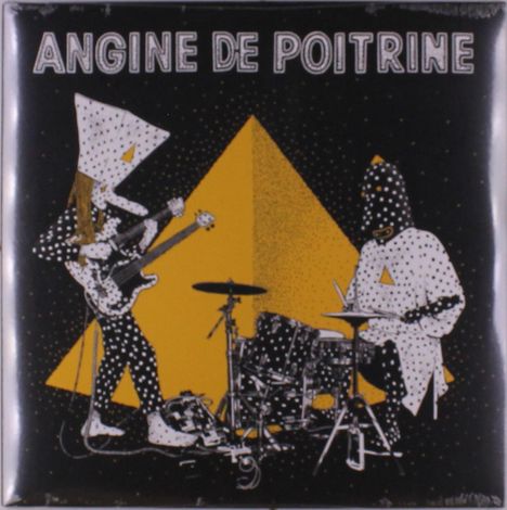 Text: "ANGINE DE POITRINE". Illustration mit zwei Musikern in gepunkteter Kleidung, vor einem gelben Dreieck stehend.