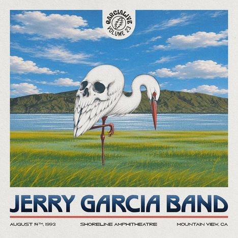 "GARCIALIVE VOLUME 23", "JERRY GARCIA BAND", "AUGUST 14TH, 1993", "SHORELINE AMPHITHEATRE", "MOUNTAIN VIEW, CA". Illustration eines Vogels mit einem Schädelkopf.