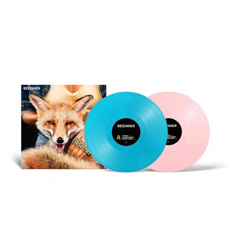 Text: "BEGINNER", "A", "ADVANCED CHEMISTRY". Zwei bunte Vinyl-Schallplatten vor einem Fuchs und einer Frau im Hintergrund.