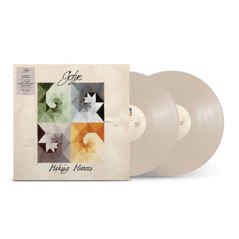 Text: "Gotye, Making Mirrors, 10 Year Anniversary Edition." Cover mit vierfarbigen geometrischen Mustern und zwei Schallplatten.