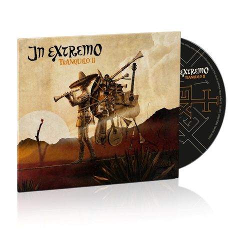 „In Extremo Tranquilo II“ in großen Buchstaben. Eine Person mit Instrumenten läuft in Landschaft bei Sonnenuntergang.