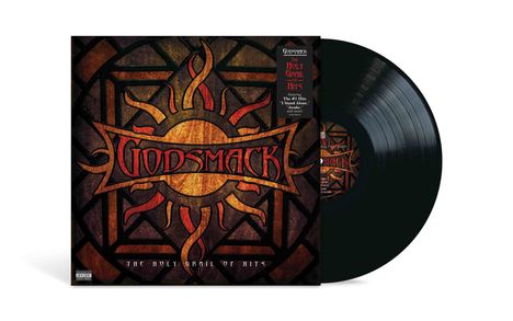 "Godsmack: The Holy Grail of Hits" in roter Schrift auf einem sonnenartigen Emblem, begleitet von einer schwarzen Vinyl-Schallplatte.