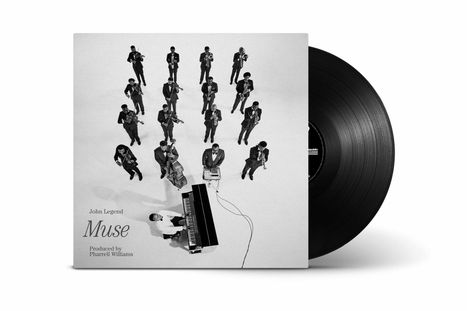 Text: "John Legend, Muse, Produced by Pharrell Williams." Schwarz-weiße Ansicht einer Band mit Klavier im Vordergrund.
