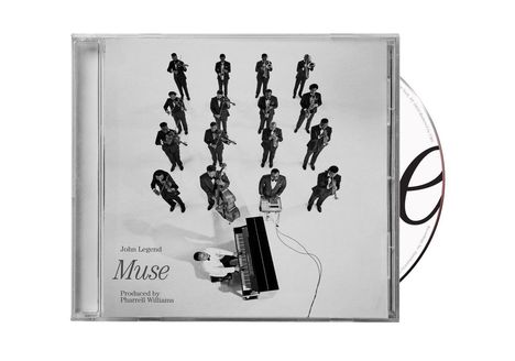 "John Legend, Muse, Produced by Pharrell Williams." Menschen in Anzügen, einer am Klavier, andere mit Instrumenten.