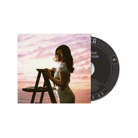 Eine CD mit Text: "SOLE", "TION". Eine Frau in weißem Kleid steht auf einer Leiter vor einem rosa Himmel.