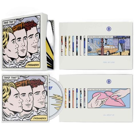 "Take That", "Dreamers", "Feel My Love", "Do You Think We Can Work It Out?", "All About Us". Pop Art-Stil.