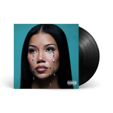 Texthinweis: "Parental Advisory Explicit Content." Eine Frau mit langen Haaren und schillernden Tränen auf Wangen. Schallplatte.