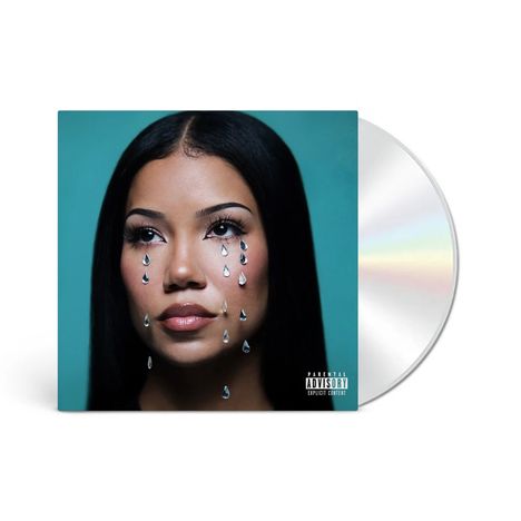 "Parental Advisory Explicit Content" steht in einer Ecke. Gesicht einer Frau mit Tränen auf türkisfarbenem Hintergrund, daneben eine CD.