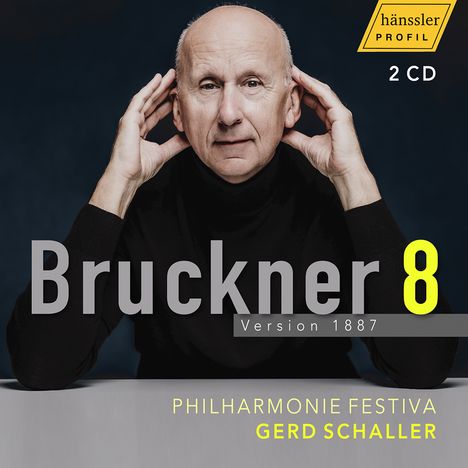 Text: Bruckner 8, Version 1887, Philharmonie Festiva, Gerd Schaller, hänssler profil, 2 CD.   
Ein Mann stützt seinen Kopf mit den Händen.