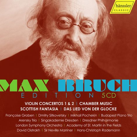 "MAX BRUCH Edition 5CD" steht groß, darunter "Violin Concertos 1 & 2 | Chamber Music". Ein Porträt von einem Mann mit Brille.