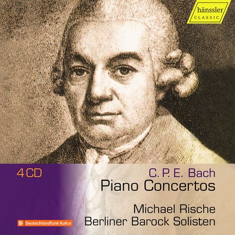 "C. P. E. Bach Piano Concertos", Michael Rische, Berliner Barock Solisten. Ein altes Porträt eines Mannes, hässler-Logo.