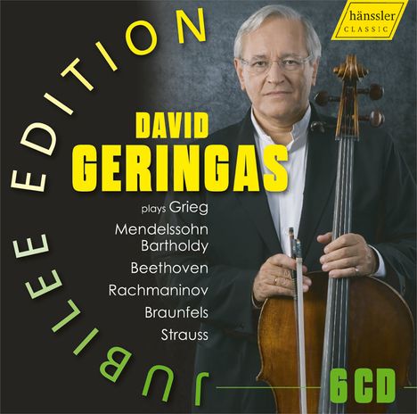 Text: "David Geringas plays Grieg, Mendelssohn Bartholdy, Beethoven, Rachmaninov, Braunfels, Strauss, 6 CD". Mann mit Cello.