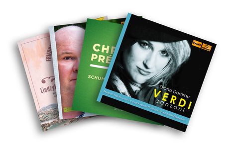 Die Texte zeigen "Diana Damrau VERDI canzoni" und "CHRISTIANE PÉRIN". Mehrere CD-Cover überlappen sich leicht.