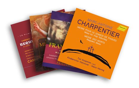 Verschiedene CD-Cover mit klassischen Musikwerken von Charpentier, Franck und Cherubini in überlappender Anordnung.