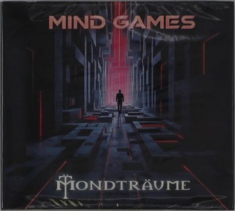 "MIND GAMES", "MONDTRÄUME". Eine einsame Person geht in einer futuristischen, geometrischen Umgebung, rot beleuchtet.