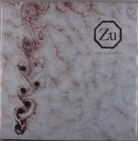 Text: "Zu", "FERRUM SIDEREUM". Illustration: Strudel-ähnliche Formen auf marmoriertem Hintergrund.
