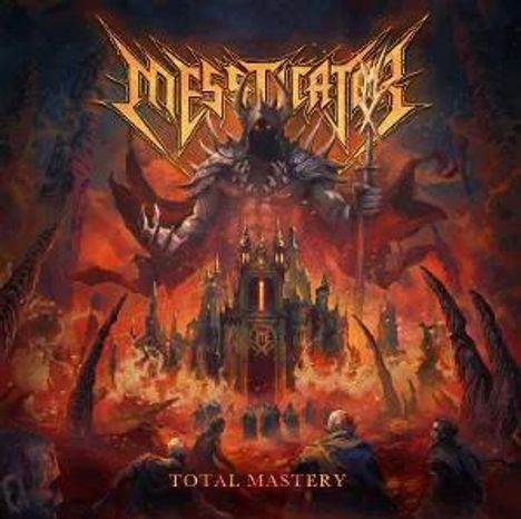 "Total Mastery" und großes stilisiertes Logo. Dramatische Illustration einer Burg mit bedrohlichen Figuren im Hintergrund.