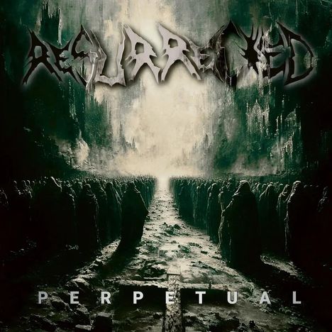 Text: "PERPETUAL". Dunkle, bedrohliche Szene mit unheimlichen Gestalten und Nebel, in einer mystischen Umgebung.