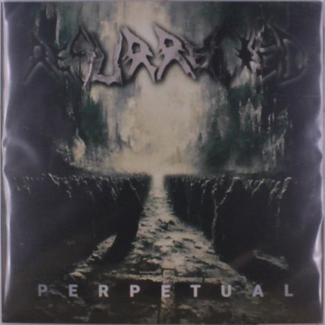 Texte: "RESURRECTED", "PERPETUAL". 

Illustration: Dunkler, nebliger Weg in einer düsteren, gotischen Umgebung, gesäumt von dunklen Gestalten.