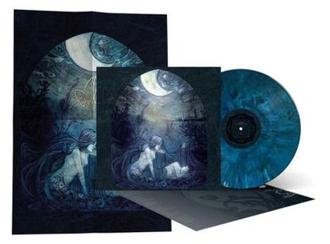 Eine Illustration zeigt eine Frau und einen Wolf unter einem Vollmond. Eine Vinyl-Schallplatte ist daneben.