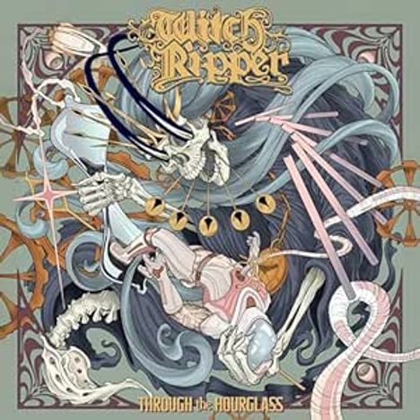 "Turnstile Ripper" und "Through the Hourglass," farbenfrohe Illustration eines Skeletts mit Sanduhr und Flammen.