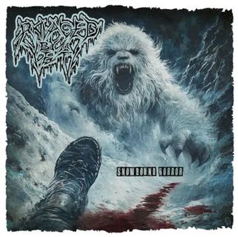 „Snowbound Horror“. Großer, bedrohlicher Yeti in verschneiter Umgebung, ein blutiger Pfad und ein Stiefel im Vordergrund.