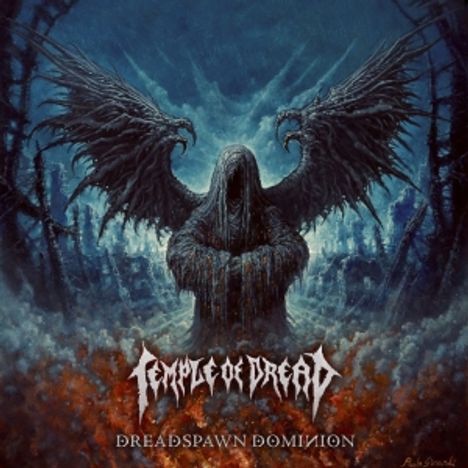 "Temple of Dread" und "Dreadspawn Dominion". Dunkle, düstere Gestalt mit Flügeln vor nebligem, unheimlichem Hintergrund.