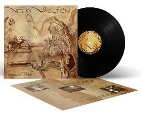 "Neun Welten" in kunstvoller Schrift, Albumcover mit Naturmotiv, Schallplatte und beigelegte Hefte.