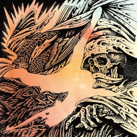 Keine Texte im Bild. Exotisch gefärbte Schallplatte, Skelett und Drachen in orange-schwarzem Artwork.