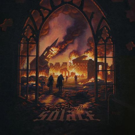 Text: "Fading Failing Ruin" und "SOLACE". Eine Illustration zeigt eine brennende Stadt durch gotische Fenster betrachtet.