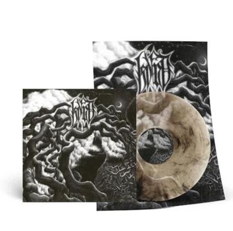 Poster und Album mit Logo in gotischer Schrift, wirbelnde Wolken und Baumstrukturen, Vinyl-Schallplatte in Marmoroptik.