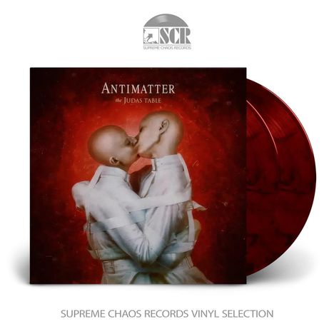 „ANTIMATTER, the Judas Table“, zwei Menschen in Zwangsjacken küssen sich, roter Hintergrund, Supreme Chaos Records Vinyl.