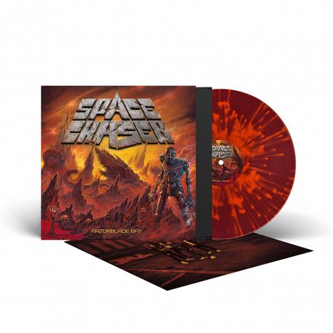 „Space Chaser“ und „Razorblade Bay“. Illustration: Roboter auf feuriger, außerirdischer Landschaft. Vinyl in Rot-Orange.