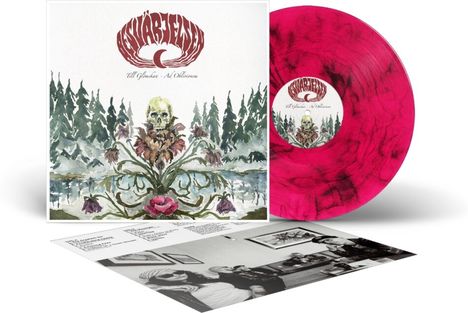 „Till Glimåkra - Ad Oblivionem“ in geschwungener Schrift. Waldlandschaft mit Totenkopf und Blumen. Pinke Vinyl-Schallplatte.