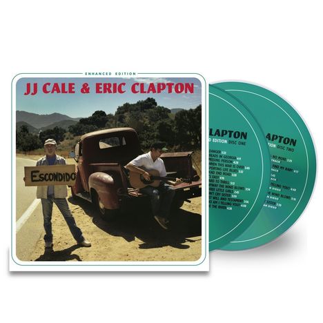 "JJ CALE & ERIC CLAPTON. Ein Mann hält ein 'Escondido'-Schild. Zwei CDs, eine Person spielt Gitarre auf einem alten Truck."
