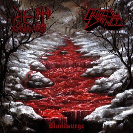 Die Schriftzüge "DEATH", "Critical Defiance" und "Bloodsurge" zieren eine düstere, schneebedeckte Landschaft mit rotem Fluss.