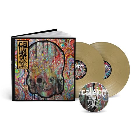 Eine bunte, psychedelische Illustration eines Schädels mit fließenden, wirbelnden Farben und leuchtenden Punkten.