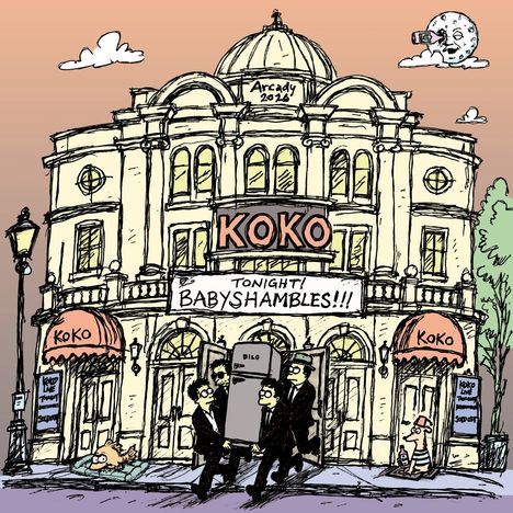 "Arcady 2016", "KOKO", "Tonight! Babyshambles!!!", "DILO". 

Illustration des Gebäudes KOKO, mit Menschen und einem Mond zum Abendhimmel.