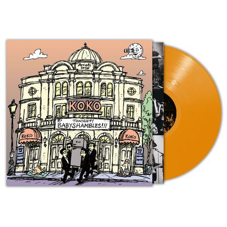 „KOKO“, „Tonight Babyshambles!!!“ sind Texte auf einem gezeichneten Musikclub. Zeichenstil erinnert an Comic. Orangefarbene Vinylplatte.