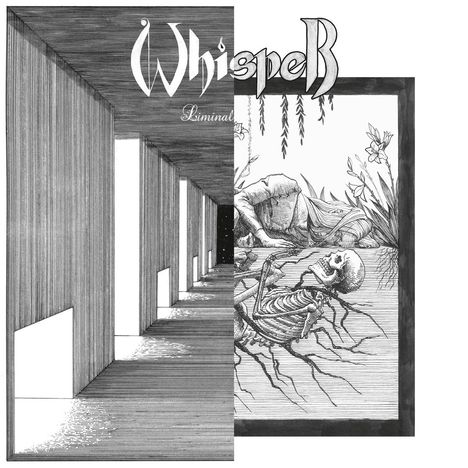 Text: "Whisper", "Liminal". Links ein langer Korridor mit Fenstern, rechts ein Skelett neben einer schlafenden Person.