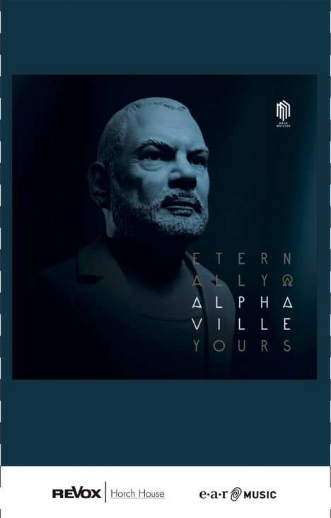 ETERNALLY ALPHAVILLE YOURS. Büste eines Mannes mit Bart im Profil, monochromatisch in Blautönen. Logos unten.