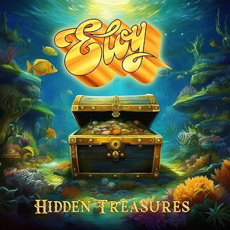 Text: "Eloy" und "Hidden Treasures". Illustration zeigt eine Schatztruhe auf dem Meeresboden, umgeben von bunten Fischen und Korallen.
