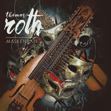 Text: "thomas roth MASKENBALL". Illustration einer traditionellen Laute und bunten Karnevalsmasken.
