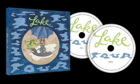 Text: „Lake“. Illustration eines Frosches, eines blauen Regenschirms und einer Person, die in einer Pfütze gespiegelt wird.